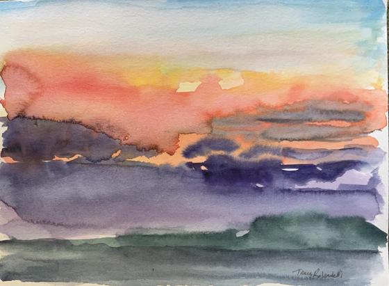 A loose, watercolor sunset in yellow, orange, purple and the dark green of the bay water below.