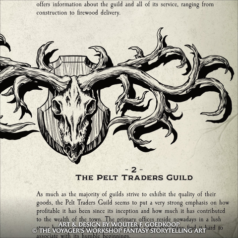 Closeup of a page of the guide, with a paragraph about the Pelt Traders Guild with an inked illustration of a wall mounted fantasy elk skull with giant antlers.