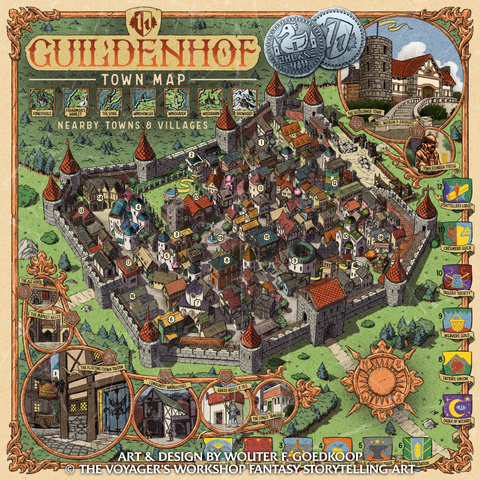 A full colour isometric map of the medieval fantasy town of Guildenhof