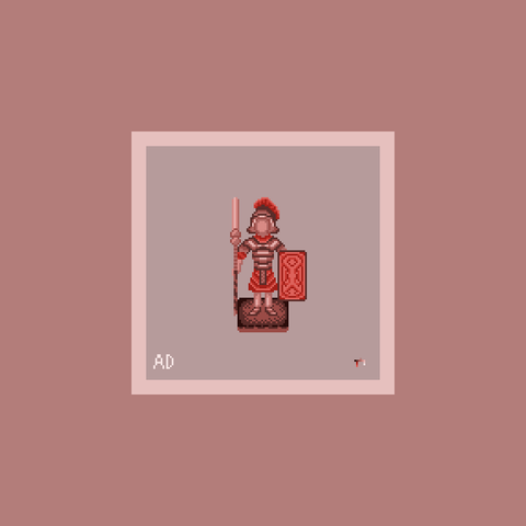 A pixel art drawing of a Roman legionary in red monochrome