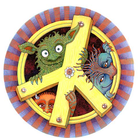 On a white background, three smiling monsters, green, orange and blue peak out from behind an iconic peace sign.
