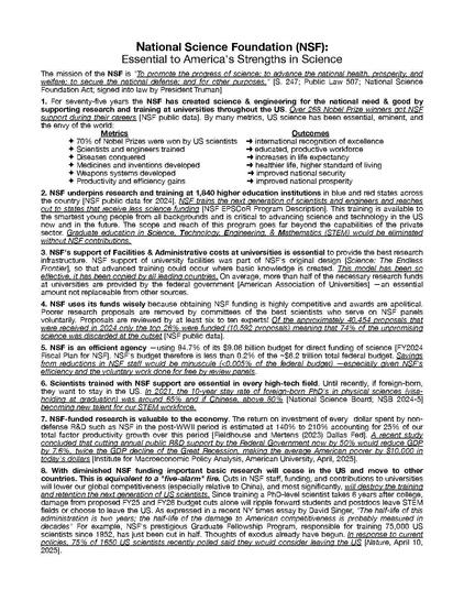 A document outlining the National Science Foundation's (NSF) mission, achievements, and impact on science and education in the U.S.
 It highlights metrics such as Nobel Prize winners, contributions to various fields, and the role of NSF in supporting higher education