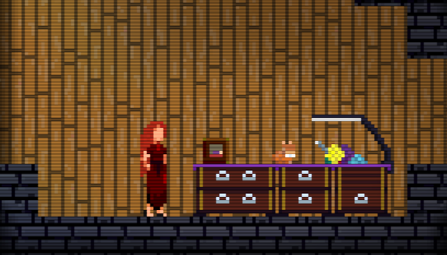 Pixel art adventure game. Woman with bright ginger hair stood by her crafting table, where a cat is asleep next to balls of yarn.