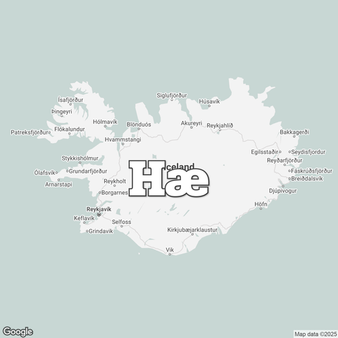 Map of Iceland overlaid with a translation of the word "hello": Hæ.