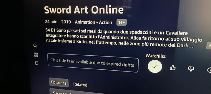 Picture of a screen video taken from Amazon PrimeVideo service for the title Sword Art Online. The content is no longer available due to expired copyright rights.