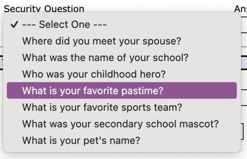 A screenshot of a dropdown for the security questions.