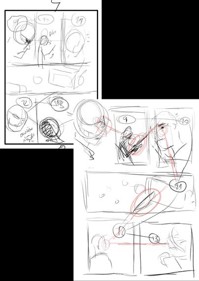 Image showing the process of creating a comic page made by me.
One small panel shows a thumbnail showing the layout of panels and storylines. The second is a more detailed page, with the narrative line more clearly shown.