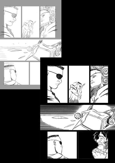 Continuation of the previous image, showing a more detailed page, with a cleaner pencil and detailed expressions of the character. And the next one is a finished artwork, with hatching and dark tones.