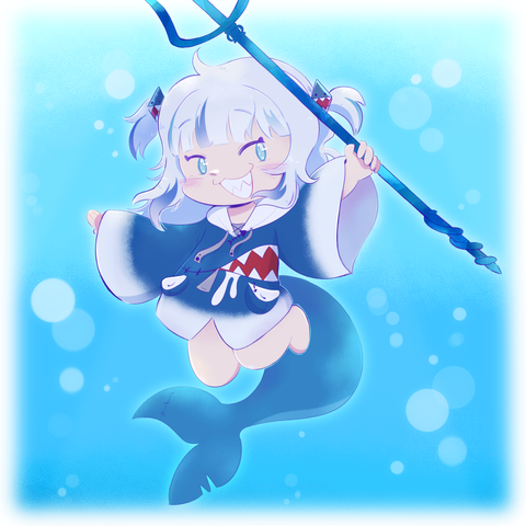 Art of Gawr Gura floating in the ocean. She is smiling showing off her shark teeth, and holding her trident above her head.