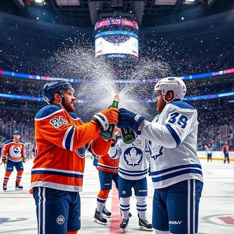 The Toronto Maple Leafs and Edmonton Oilers celebrate by popping champagne bottles.