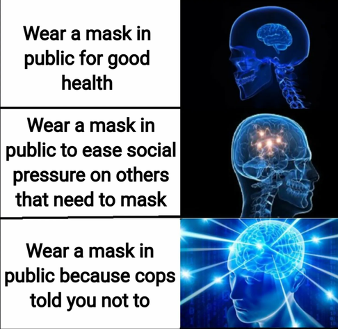 Expanding brain meme.
1. Wear a mask in public for good health 
2. Wear a mask in public to ease social pressure on others that need to mask
3. Wear a mask in public because cops told you not to