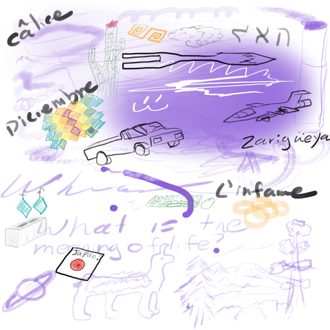 Doodle in Krita of random things that came to mind that I could use to test my drawing tablet and build muscle memory with.