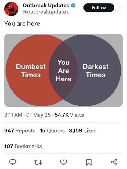 Die Schnittmenge in diesem Venn-Diagramm – markiert mit „You Are Here“ – stellt den Punkt dar, an dem sich zwei extreme Zeitqualitäten überschneiden:
	•	Dümmste Zeiten („Dumbest Times“)
	•	Dunkelste Zeiten („Darkest Times“)

Diese Schnittmenge symbolisiert ironisch und pointiert das gegenwärtige Zeitgefühl vieler Menschen: eine Ära, in der politische, soziale, ökologische und technologische Entwicklungen gleichzeitig von Inkompetenz, Irrationalität und düsteren Perspektiven geprägt sind. Es ist also ein Kommentar zur empfundenen Absurdität und Schwere der aktuellen Weltlage – humorvoll, aber auch kritisch.🖖