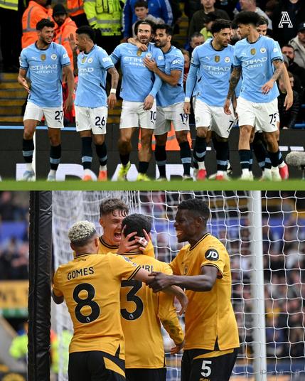 TOP: Manchester City's English midfielder #10 Jack Grealish (centre L) celebrates scoring the team's first goal during the English Premier League football match between Manchester City and Leicester City at the Etihad Stadium in Manchester, north west England, on April 2, 2025; BOTTOM: Wolverhampton Wanderers' Norwegian striker #09 Jorgen Strand Larsen (2L) celebrates with teammates after scoring their third goal during the English Premier League football match between Wolverhampton Wanderers and Tottenham Hotspur at the Molineux stadium in Wolverhampton, central England on April 13, 2025.