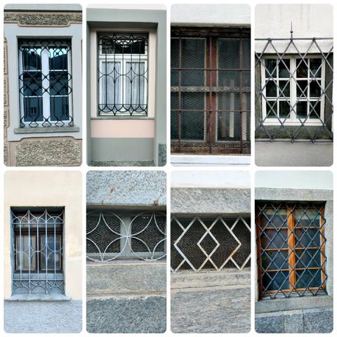 Zum Fenster Freitag acht Fotos von Fenstern mit verschiedenen geschmiedeten geometrisch geformten Fenstergittern.
