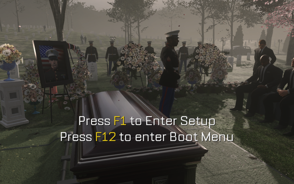 The funeral scene from Call of Duty: Advanced Warfare, but it says:

Press F1 to Enter Setup
Press F12 to enter Boot Menu