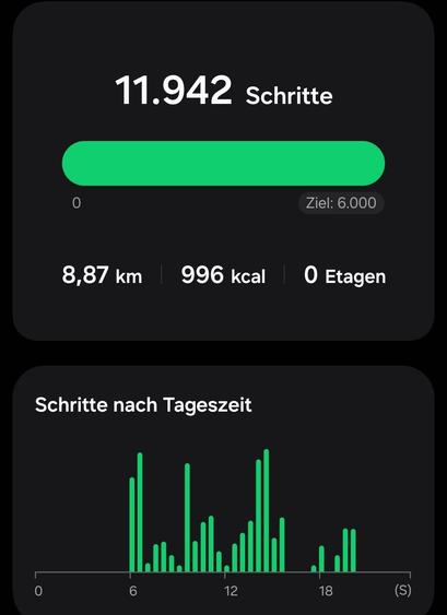 Das Bild zeigt eine mobile Anwendung, die Schrittzahlen und andere Fitnessmetriken anzeigt. Oben ist die Anzahl der Schritte angegeben: "11.942 Schritte" mit einem grünen Fortschrittsbalken, der das Ziel von "6.000 Schritten" erreicht hat. Darunter sind die zurückgelegte Strecke ("8,87 km"), die verbrannten Kalorien ("996 kcal") und die Erhöhung der Etagen ("0 Etagen") angezeigt. Unten befindet sich ein Diagramm mit der Überschrift "Schritte nach Tageszeit", das die Schrittzahlen im Laufe des Tages visualisiert. Die Diagramme sind in grün dargestellt und zeigen die Aktivität zu verschiedenen Zeiten des Tages.

Bereitgestellt von @altbot, privat und lokal generiert mit Ovis2-8B