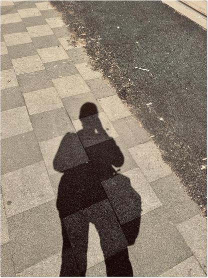 Das Bild zeigt den Schatten einer Person, die ein Smartphone hält, auf einem gepflasterten Boden mit einem schmalen Streifen Teer, bedeckt mit Staub, Dreck und anderem Schmutz.