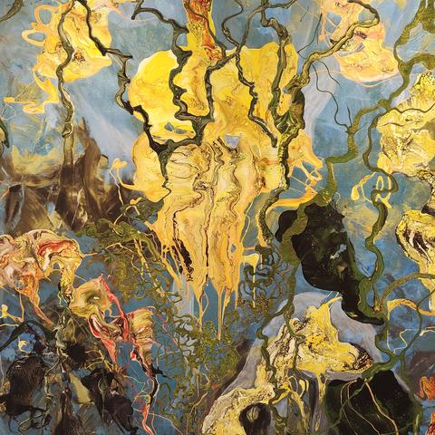 Abstraktes Bild aus großen Flächen und geschwungenen Linien in gold-gelb-blau-grün-braunen Farben.