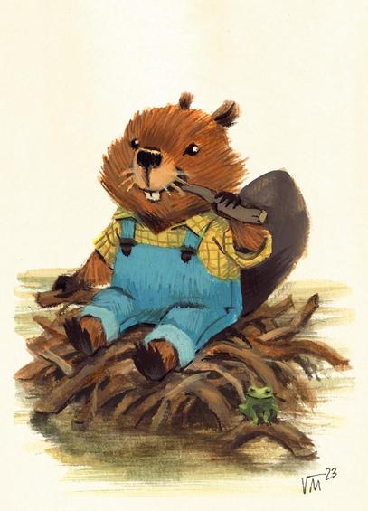 A beaver sitting on a branch pile munching on a branch. Gouache and watercolor painting by Victoria Maderna.