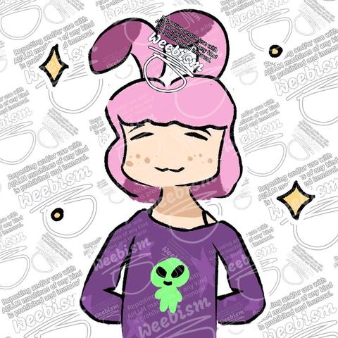Melody, my sona, an alien bunny girl with pink hair and two raised bunny ears, which flop forward at their darker-tipped ends. she wears a purple shoulderless sweater with a little green alien on the front. she smiles at the viewer, hands sweetly resting behind her back as sparkles surround her. the image is covered in a watermark, reading "reposting and/or use with AI/LLM machines of any kind is prohibited and immoral".