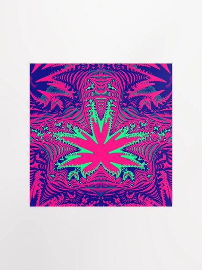 A square shaped poster with psychedelic cannabis leaf art that in shades of hot pink, green, and blue.