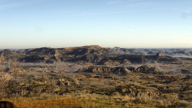 The view this morning from the Painted Canyon Visitor Center in Theodore Roosevelt National Park. Colorful landforms, exposed geology, a palette of tan, green, red, yellow, black, and more, under a blue sky with remnants of mist (?) here and there. In the lower left foreground, an (unrecognizable) animal leans into the picture.