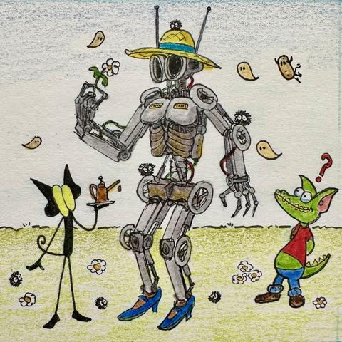 Drawing of a little gremlin and a tiny goblin, standing beside a huge, straw hat and high heels wearing robot robot