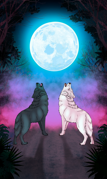 Art of two wolves howling at the moon. One is black with blue eyes and one is white with red eyes. The night is foggy and lit by an eerie red glow.