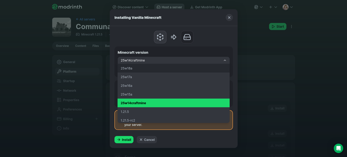 A screenshot of the panel for installing a server version, with version 25w14craftmine selected.