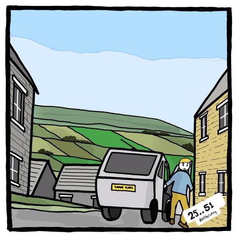 Pictured getting out of our car in a hamlet to collect family. Backed by hill and green fields, houses either side.