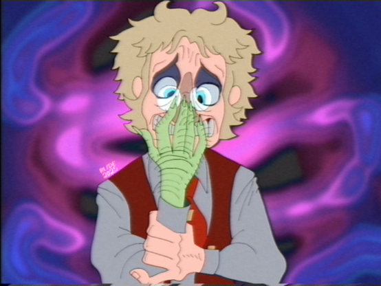 A fake cartoon screenshot of Dr. Jekyll, who stares at his altered right hand (which is green and hairy) in horror