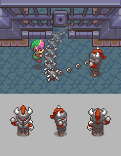 Compilation of images of the Ball & Chain Trooper, based on the design from The Legend of Zelda: A Link to the Past

The top half of the image shows Link being knocked back by the ball on a chain wielded by the trooper. In the background there are prison bars and a comically oversized lock.

The bottom half of the image shows the trooper in all 3 sprite directions without the procedurally arranged ball and chain.