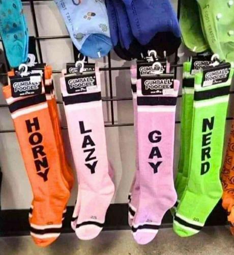 Four sock pairs on sale

Horny
Lazy
Gay
Nerd