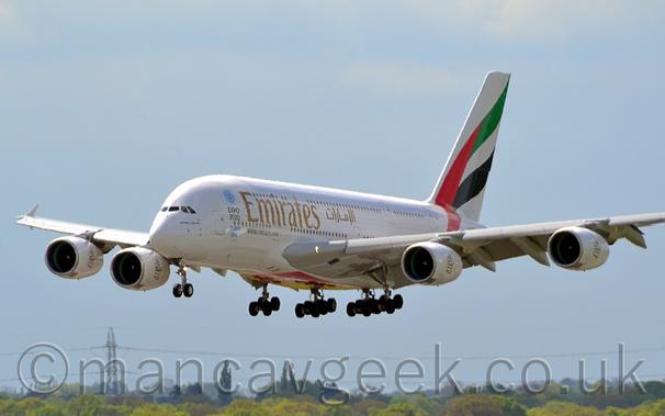 Side view of a very large, white, 4-engined jet airliner flying from right to left at a very low altitude, with undercarriage lowered and flaps extended from the rear of the wings, suggesting it is about to land.
The plane is mostly white, with large golden "Emirates" titles  in English on the upper forward fuselage, just in front of smaller titles in an Arabic script.
There are smaller, black, "Expo2020" titles slightly forward of the main logo, below the blue outline of a flower and above "blue "Dubai UAE" titles.
The 4 white engine pods under the wings have large golden logos that are essentially a re-arranged version of the Arabic version of the "Emirates" titles.
The planes tail is covered in a large, seemingly waving United Arab Emirates flag (a vertical red bar, with green, white, and black horizontal stripes).
Trees and bushes in the distance line the bottom of the frame, under hazy grey skies.