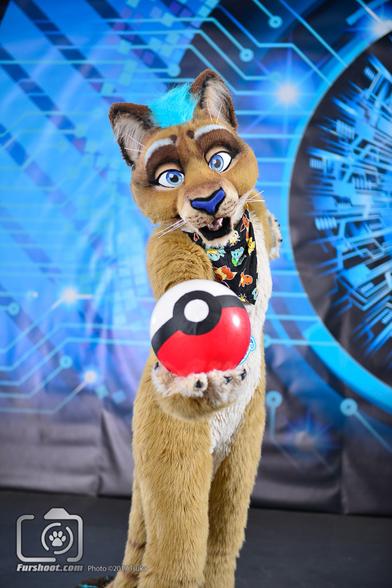 Lioness fursuiter posing with Pokeball