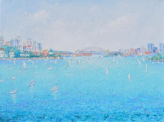 An impressionist painting of Sydney Harbour skyline, featuring the Sydney Opera House and the Sydney Harbour Bridge, with sail boats in the foreground. Painted in soft blues, pinks and greens with texture.