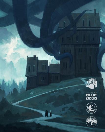 Locandina del GDR al Buio Cremona S04E09. Dei tentacoli che scendono dal cielo avvolgono un manicomio. Due figure, lungo la strada che porta al manicomio, guardano la scena.