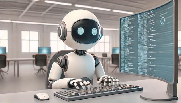 Round headed white plastic like robot, with large blue dots for eyes, round speakers like ears, sits at a computer keyboard as if typing, off to the side a computer screen is visible. In the background are more computers and empty chairs. There are no humans.