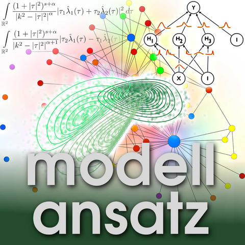 Episode image for the Modellansatz Podcast featuring a graph, some attractor curves and an activation tree with various weight functions.