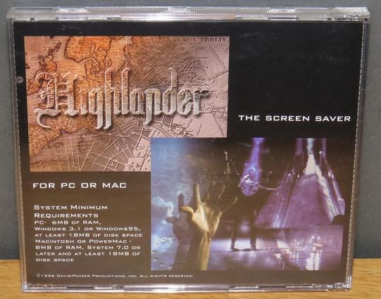The rear cover for Highlander: The Screen Saver, showing the system minimum requirements.

It requires Windows 3.1 or 95, or a Macintosh with System 7.