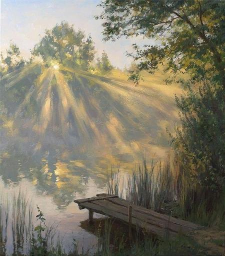 A painting of sunlight over a lake reflecting its surrounding trees. In the foreground is a grassy shore with a small wooden jetty sticking out