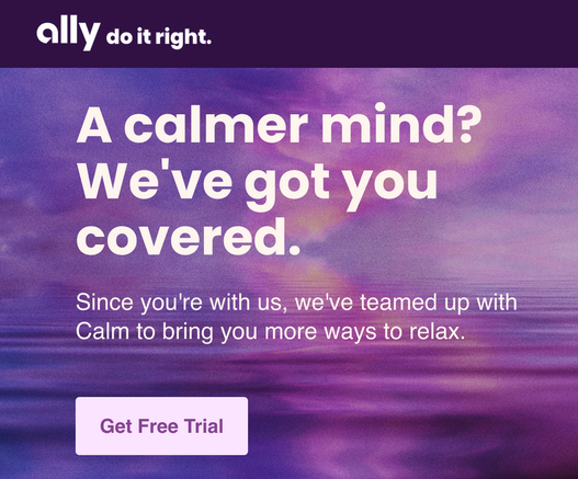 An email from Ally Bank that says "A calmer mind? We've got you covered. We've teamed up with Calm (the app) to bring you more ways to relax"