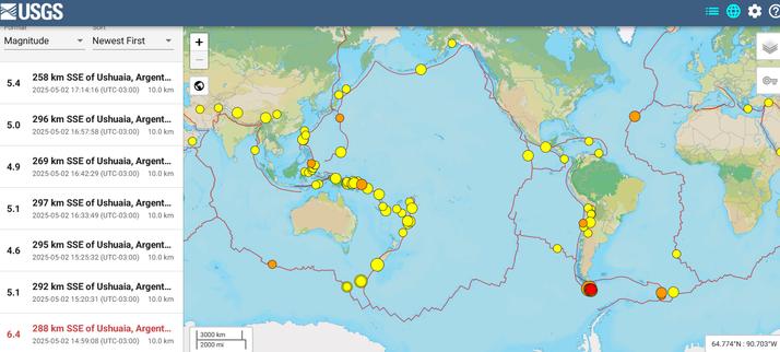 Screenshot of USGS map of recent earthquakes, specifically re: off coast of Chile and Argentina today, 2 May 2025.