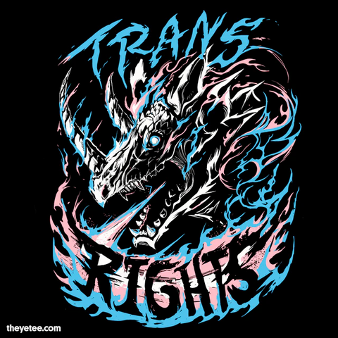 Image of a dragon (or dinosaur? idk) surrounded by and breathing fiery electricity in the colors of the trans flag with the caption "trans rights" in caps