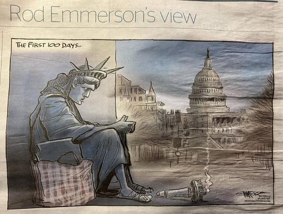 Cartoon titled the first 100 days, the Statue of Liberty is sitting on a street corner with a bag holding her tablet, Capitol Hill in the background.