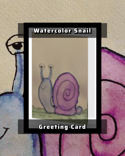 A serene scene featuring a blue and purple snail with a content expression. On a greeting card.