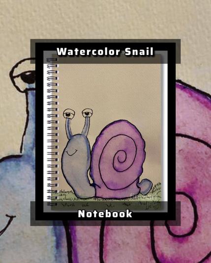 A serene scene featuring a blue and purple snail with a content expression. On a notebook.