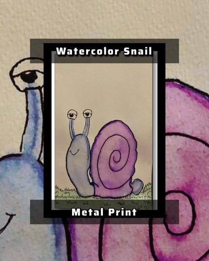 A serene scene featuring a blue and purple snail with a content expression. On a metal print.