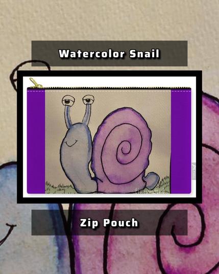 A serene scene featuring a blue and purple snail with a content expression. On a zip pouch.